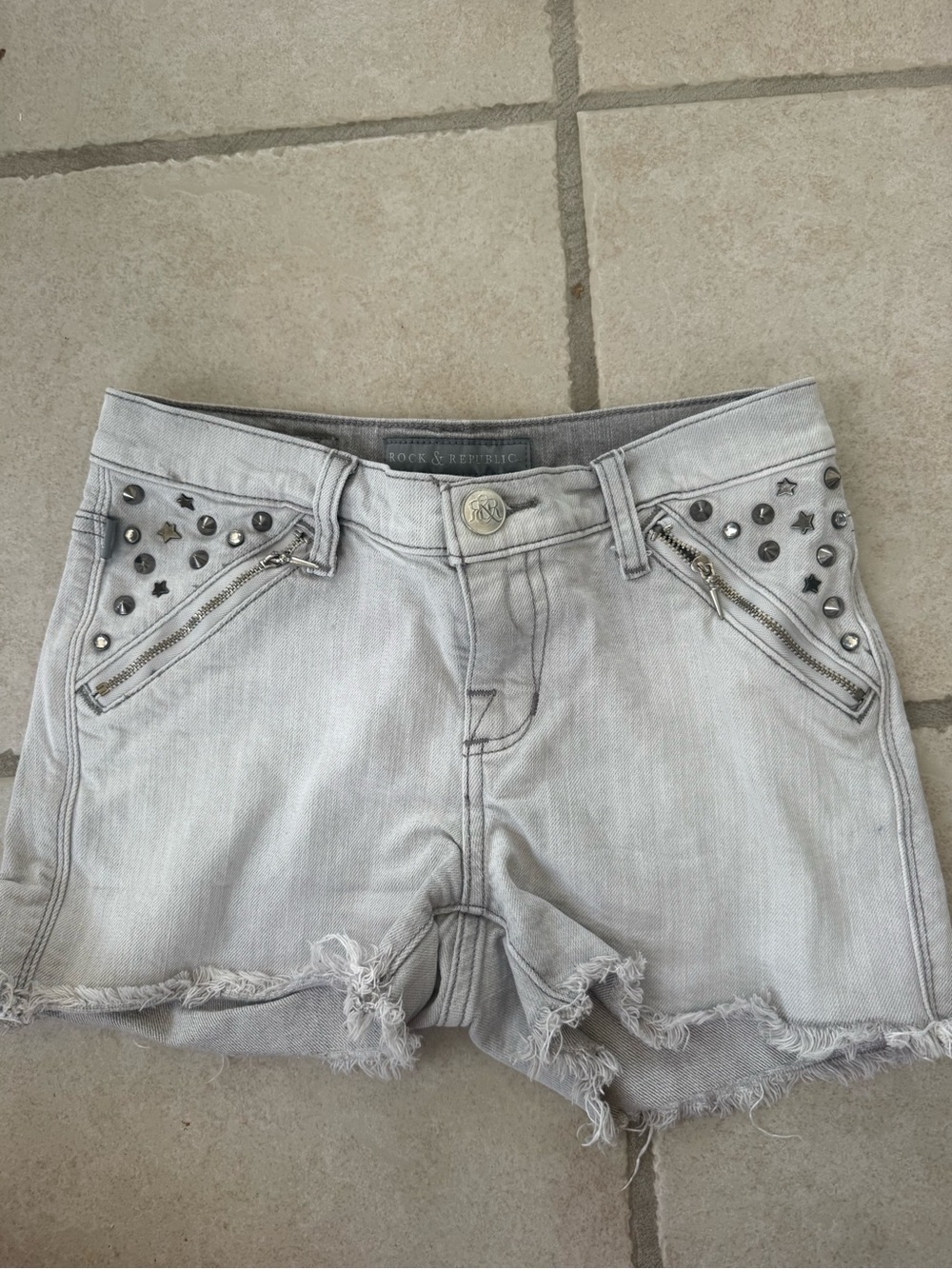 Rock & Republic Light Gray Studded Crop Denim Shorts